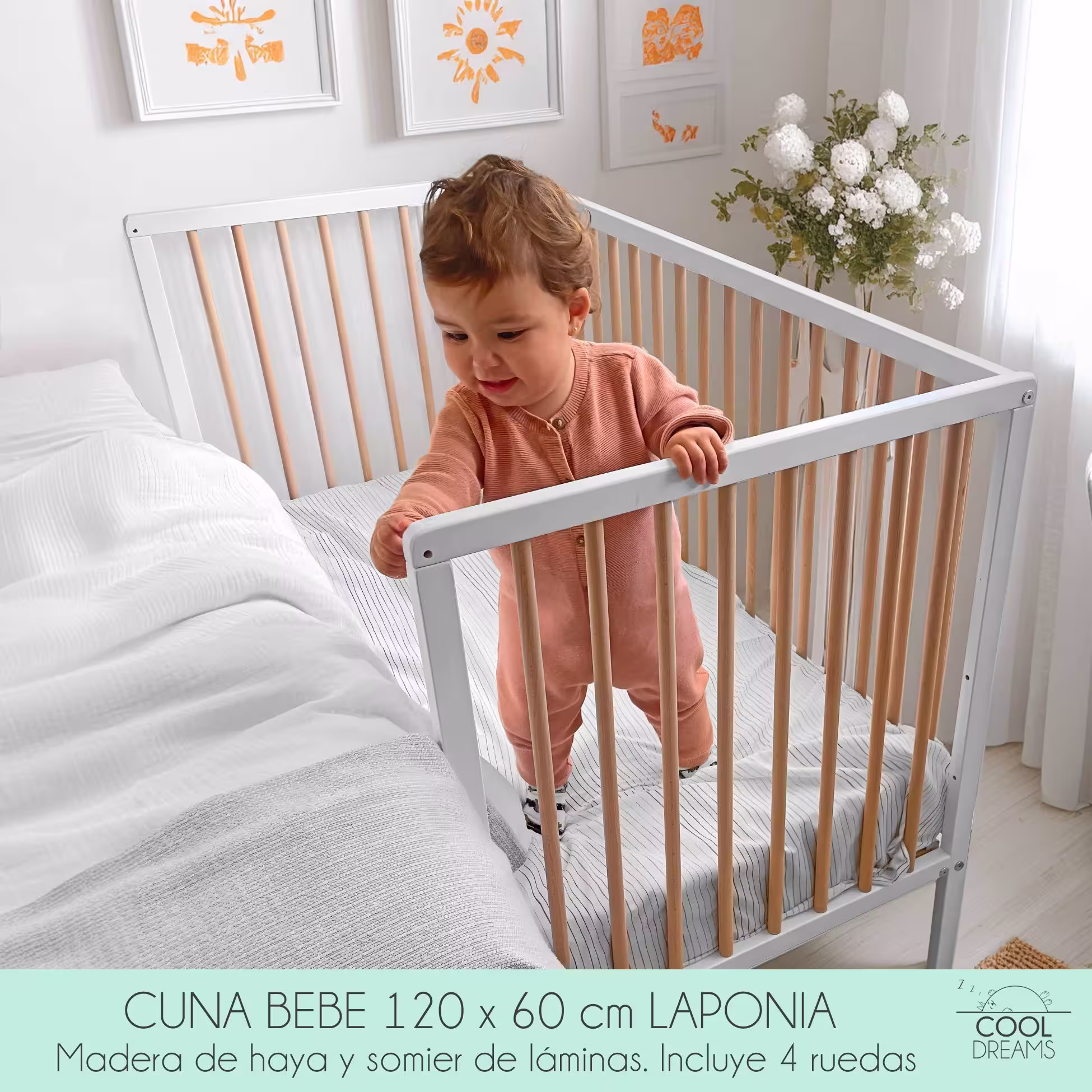 Cuna Laponia de 60×120 cm con somier de láminas de haya + 4 ruedas - Imagen 2